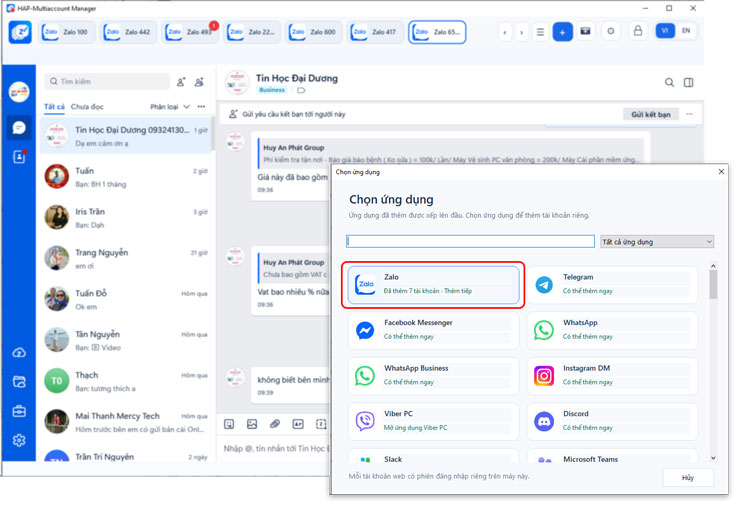 #5 Phần Mềm Đăng Nhập Nhiều Zalo Trên Máy Tính PC Miễn Phí 8 HAP-Multiaccount Thêm được nhiều tài khoản