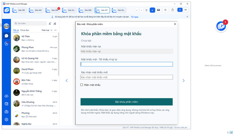 #5 Phần Mềm Đăng Nhập Nhiều Zalo Trên Máy Tính PC Miễn Phí 12 Thiết lập mật khẩu HAP-Multiaccount